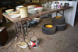 lot 228 image: 2- Metal Frame Wood Top Tables  80x18x29 (CONTENTS NOT INCLUDED)