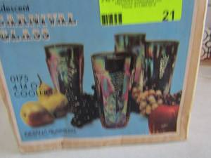 lot 121 image: Indiana Glass Company Iridescent blue carnival HARVEST GRAPE 2228 glasses. Set of 4 14 oz. with original box