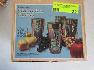 lot 122 image: Indiana Glass Company Iridescent blue carnival HARVEST GRAPE 2228 glasses. Set of 4 14 oz. with original box