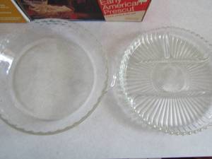 lot 134 image: Federal Glass Company GEORGETOWN crystal egg and relish plate in original box, divided plate, Pyrex pie plate