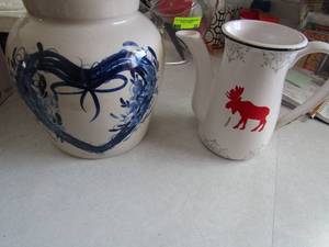 lot 128 image: Yesteryears Pottery Marshall, Texas hand turned pottery & painted vase, Metal Moose pitcher