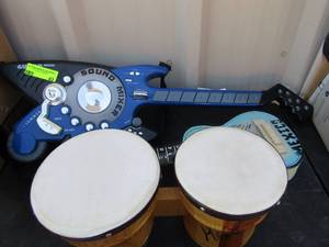 lot 143 image: Cozumel Mexico artisan crafted handmade acoustic guitar, bongos, sound mixer guitar
