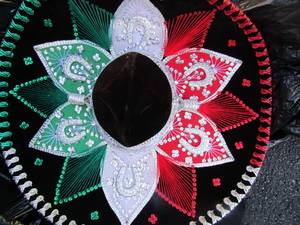 lot 156 image: Large Salazar Yepez vintage artisanal velvet mariachi sombrero in Mexico colors (look up)