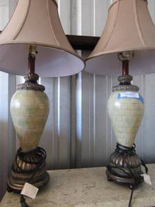 lot 214 image: Bronze metal and bone mosaic bedside lamps x 2 with lamp shades