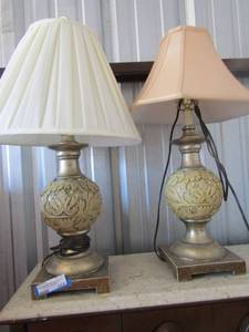 lot 215 image: Carved marble leaf lamps with shades 39 tall See photos for condition