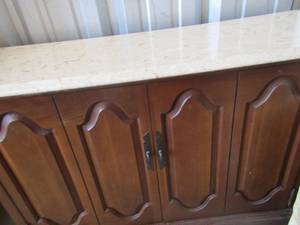 lot 217 image: Double cathedral door liquor cabinet or credenza with fitted and beveled edge marble top