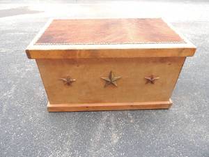 lot 17 image: Branded pony hide wooden trunk with brass Texas star and hobnail accents 19x34x20