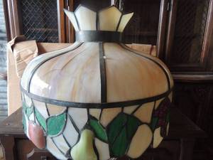 lot 35 image: Very large slag stained glass hanging lamp with leaded fruit design 26x28x28 (cracked needs repair)