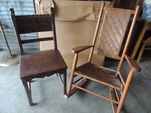 lot 28 image: Vintage English side chair with carved North wind header and vintage rattan rocking chair (needs some TLC)