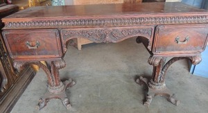lot 2 image: Antique 19th century ornate carved Chinese writing desk with acanthus figural form double pedestal base, original pagoda handles  32x52x20