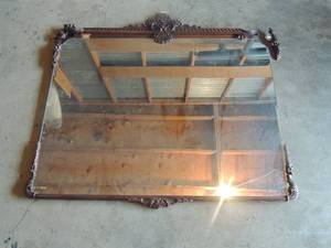 lot 3 image: Antique ornate carved wood framed mirror with scroll and acanthus leaf motif (some trim needs attention)