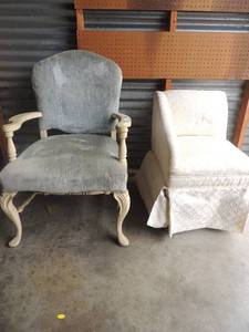 lot 31 image: Chair duo. Includes painted and upholstered arm chair and upholstered chaise chair with skirting