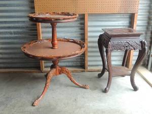 lot 13 image: Antique English carved dumbwaiter with reticulated galleries 38x25 and antique carved rosewood or teak fern stand with polychrome pyrography dragon motif top 25x29
