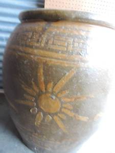 lot 20 image: Large (possibly Antique) earthenware Jardinire Chinese glazed PlanterEgg TransportOnggi decorated with Greek key border and dragon motif. 22H