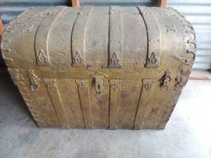 lot 5 image: Antique domed and banded green steamer trunk w unique 3 compartment front section and original Victorian paper decoration  24x32x19