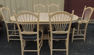 lot 1 image: Double Pedestal inset tile top dining table and 6 spindle back chairs with black diamond motif upholstered seats & birch finish (2 Captain & 4 Side Chairs)