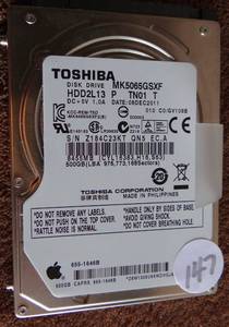 lot 147 image: Toshiba MK5065GSXF (HDD2L13 P TN01 T) 010 C0GV108B Apple#655-1646B 500gb Sata