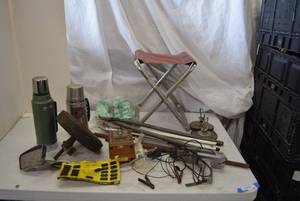 lot 107 image: Stainless Steel Thermos, Coin Bank, vintage Fold-up camping Seat and Various Tools vintage automotive mirror with cable adjustments and much more