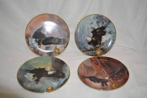 lot 151 image: Ted Blaylock Alaska Bald Eagle Plates with Gold Seal Libertys Monarch, Soaring Spirit, Treetop Landing, and Poised for Glory