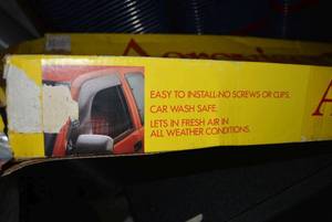 lot 44 image: Auto Aerovisor Wind Deflectors PLUS window assembly for unknown vehicle (Box says 82 Chevy Pickup)