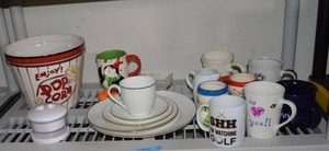 lot 147 image: Large Ceramic Popcorn Bowl, China Place setting for One, Coffee Mugs as shown