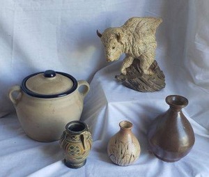 lot 240 image: Ceramic and Clay Vases, Bison Head Figurine, Stoneware Pot with Blue Glaze Inside and on Lid