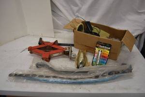 lot 126 image: Car Jack (missing handle), QuikSteel, Misc. Lights and Old Metal Car Trim Parts