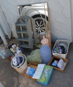 lot 248 image: Misc. Bathroom Items Mirror, Wooden Decorative Shelf, Swiffer Wet Refills, and More