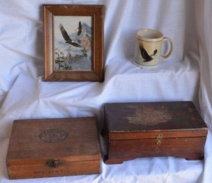 lot 249 image: Wooden Boxes, Eagle Coffee Mug and Print
