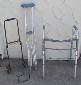 lot 247 image: Adult Aluminum Crutches, Folding Walker and Collapsable Cart