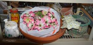 lot 165 image: Garden Pots, Gloves, Vintage Glass Hose Sprayer and Flowers