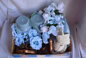 lot 301 image: Blue and White Flowers, Train Engine Vase, Baby Shoe Bookends