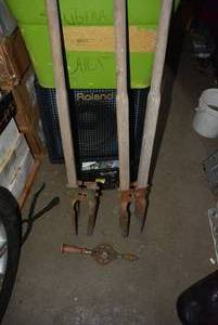 lot 343 image: Post Hole Diggers, One Needs Handle Repair, and Antique Hand Drill