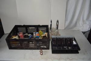 lot 364 image: Misc. Car Parts, Vintage Shoe Shine Tin-BrownBlack, Cash Drawer, Chock Wheel