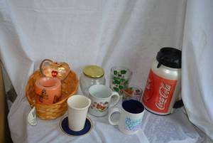 lot 388 image: Homer Laughlin Mug, Glassware as shown, Large Coca-Cola Jug
