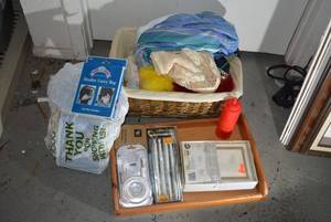 lot 387 image: Basket with Fabric and Knitting Bag, Stroller Carry Bags, 6Ft. Audio Cable, Floating Lures