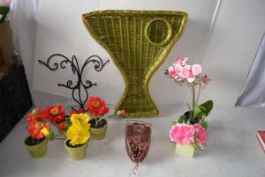 lot 443 image: Wicker Basket (Martini Design),  Wire Hanger Dcor, and Flower Arrangements