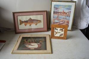 lot 445 image: Framed Wall Art and Desk Clock as shown