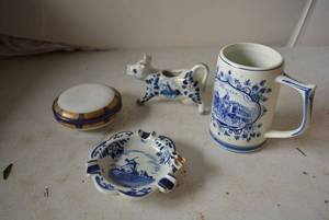 lot 448 image: Delft Blue Beer Stine, Cow and Ash Tray, Plus P&S Trinket Box