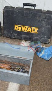 lot 377 image: Metal Bin with Misc. parts and Empty Dewalt Case