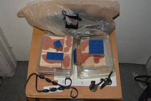 lot 393 image: Stamping Sets, Metal Coat Hangers, Bag of Flet Bags with Pins, see pictures