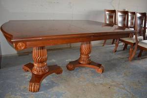 lot 473 image: 2 Pedestal Cherry Veneer Dining Table with One Leaf (Matches Chairs in Lot 474),