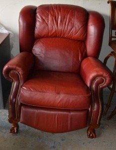 lot 486 image: LA-Z-BOY Red Reclining Armchair, Wooden Claw Feet, Button Trim