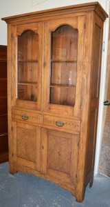 lot 526 image: Vintage Kitchen Buffet Cabinet, Glass Doors, Wood Carved Details, Early 1900s