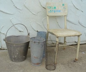 lot 514 image: Vintage Childs Chair and Metal Vases and Dairy Pail