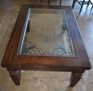 lot 484 image: Wooden Glass Top Coffee Table, Wrought Iron Corner Accents,