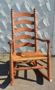 lot 527 image: Walnut Rocking Chair, Slat Back, Rush Weave Seat