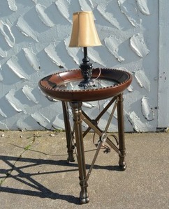 lot 506 image: Circle End Table Glass Top, Cast Iron Frame, Riveted Trim PLUS Small Desk Lamp