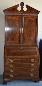 lot 523 image: Beautiful Vintage Mahogany Secretarys Desk with Keys, Colonial Style, 1930s1940s