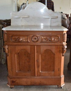 lot 501 image: Antique Washstand with Candle Stands,  Mable Top and Backsplash, Towel Rod on Side